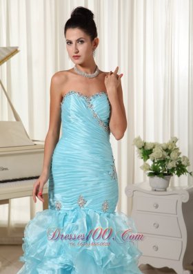 Mermaid Blue Ruched Prom Dress 2013 Layered Ruffles