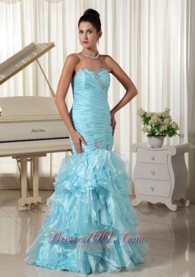 Mermaid Blue Ruched Prom Dress 2013 Layered Ruffles