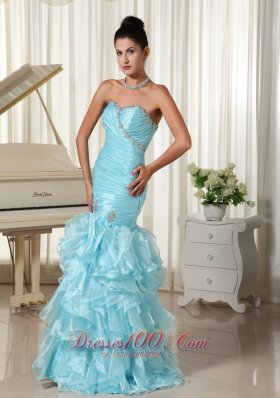 Mermaid Blue Ruched Prom Dress 2013 Layered Ruffles