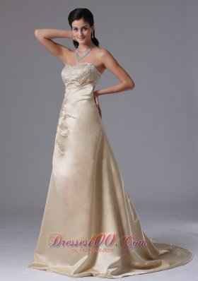 Brush Train Saitn Champagne Appliques Prom Dress