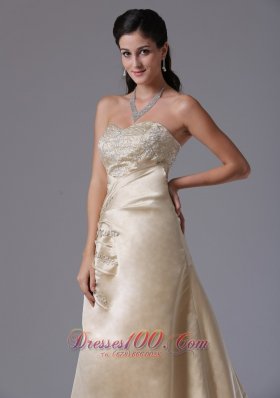 Brush Train Saitn Champagne Appliques Prom Dress