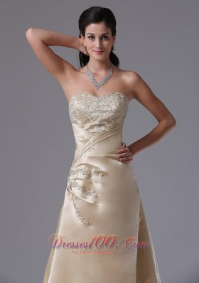 Brush Train Saitn Champagne Appliques Prom Dress