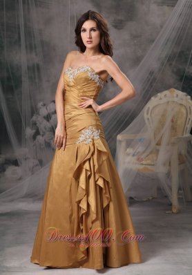 Ruffled Appliques Gold Mermaid Prom Dress Beaded