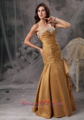 Ruffled Appliques Gold Mermaid Prom Dress Beaded