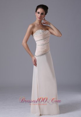 Beading Ruched Bodice Chiffon Champagne Prom Dress