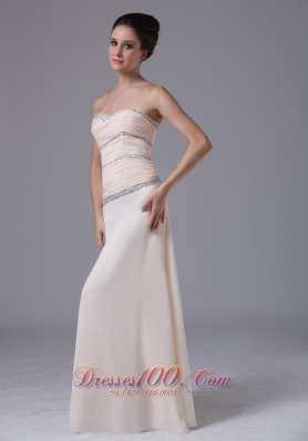 Beading Ruched Bodice Chiffon Champagne Prom Dress