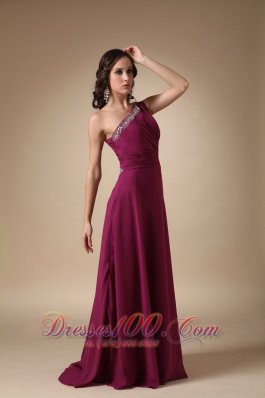 Burgundy One Shoulder Prom Evening Dress with Beads