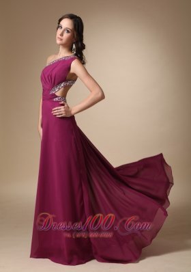 Burgundy One Shoulder Prom Evening Dress with Beads