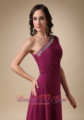 Burgundy One Shoulder Prom Evening Dress with Beads