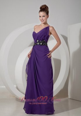 Purple One Shoulder Beads Sashed Prom Gown with Ruffles