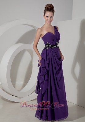 Purple One Shoulder Beads Sashed Prom Gown with Ruffles