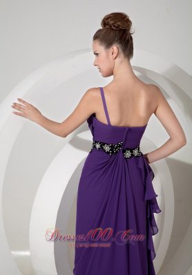 Purple One Shoulder Beads Sashed Prom Gown with Ruffles