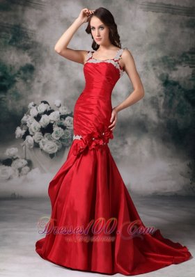 Hand Flower Mermaid Red Evening Dress Applique Straps