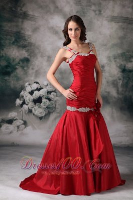 Hand Flower Mermaid Red Evening Dress Applique Straps