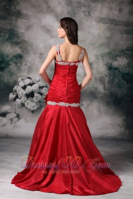 Hand Flower Mermaid Red Evening Dress Applique Straps