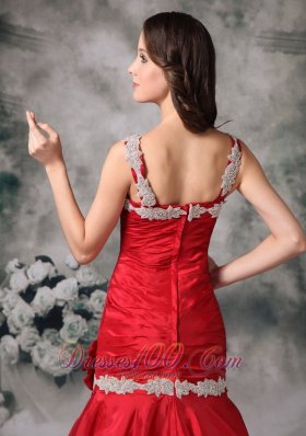 Hand Flower Mermaid Red Evening Dress Applique Straps