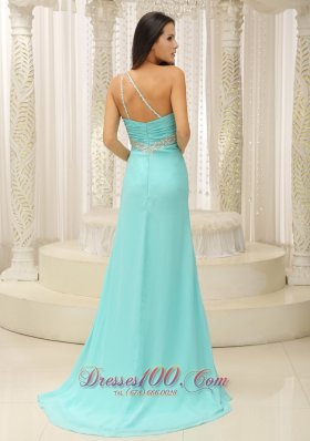 High Slit Apple Green Beaded One Shoulder Prom Dress