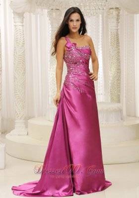 Fuchsia Brush One Shoulder Prom Evening Gown Handmade Beaded