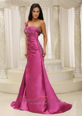 Fuchsia Brush One Shoulder Prom Evening Gown Handmade Beaded