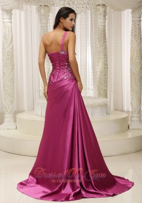 Fuchsia Brush One Shoulder Prom Evening Gown Handmade Beaded