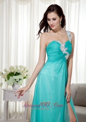 Turquoise High Slit Applique chiffon Prom Dress Ruched