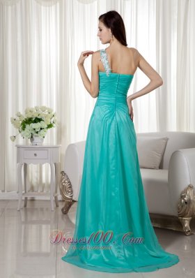 Turquoise High Slit Applique chiffon Prom Dress Ruched