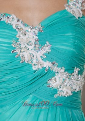 Turquoise High Slit Applique chiffon Prom Dress Ruched