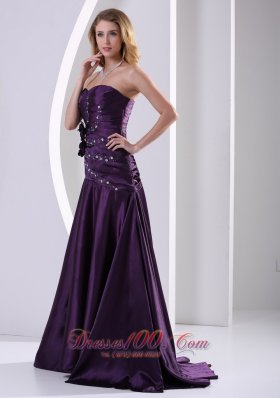 Eggplant Purple Handmade Flower Prom Dress with Beads