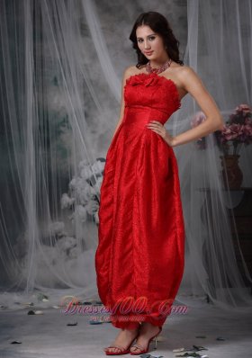 Ankle Length Red Organza Flouncing Prom Gown with Bow