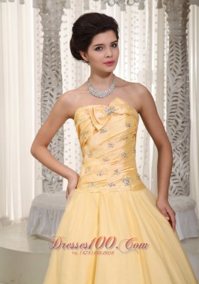 Bow Decorate Beaded Yellow Prom Evening Dress 2014