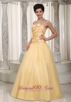 Bow Decorate Beaded Yellow Prom Evening Dress 2014