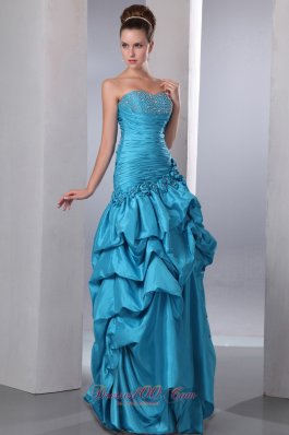 Pick-ups Hand Flower Beaded Blue Prom Dress with Ruching