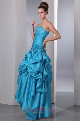 Pick-ups Hand Flower Beaded Blue Prom Dress with Ruching