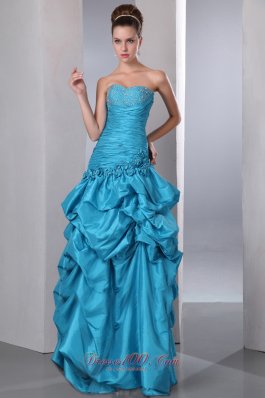 Pick-ups Hand Flower Beaded Blue Prom Dress with Ruching