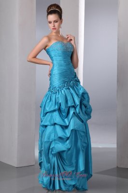 Pick-ups Hand Flower Beaded Blue Prom Dress with Ruching