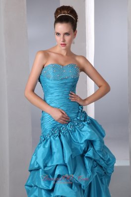 Pick-ups Hand Flower Beaded Blue Prom Dress with Ruching