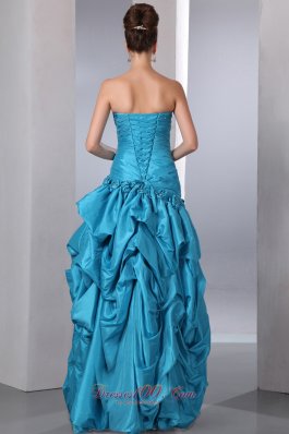 Pick-ups Hand Flower Beaded Blue Prom Dress with Ruching