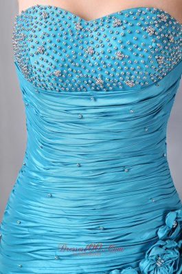 Pick-ups Hand Flower Beaded Blue Prom Dress with Ruching