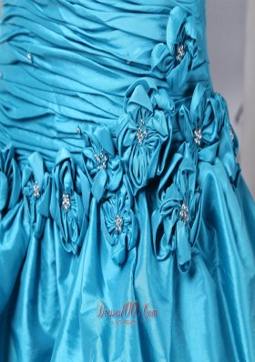 Pick-ups Hand Flower Beaded Blue Prom Dress with Ruching