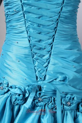 Pick-ups Hand Flower Beaded Blue Prom Dress with Ruching