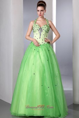 Halter Colored Beadings Spring Green Prom Dress Style