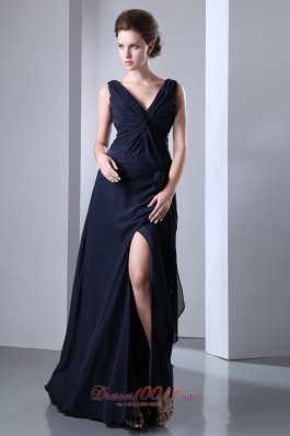 Navy Blue High Slit Sexy Prom Evening Gown with Crisscross Pleats
