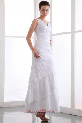 White Ankle Length Layered Applique V-neck Prom Dress