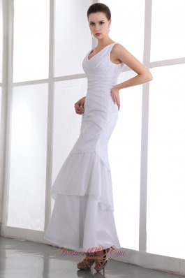 White Ankle Length Layered Applique V-neck Prom Dress