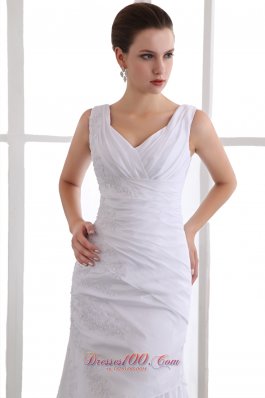 White Ankle Length Layered Applique V-neck Prom Dress