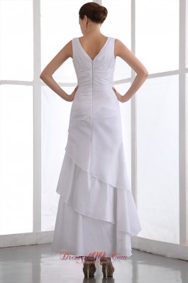 White Ankle Length Layered Applique V-neck Prom Dress