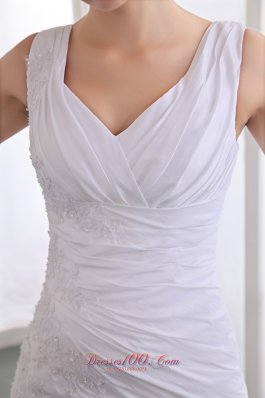 White Ankle Length Layered Applique V-neck Prom Dress