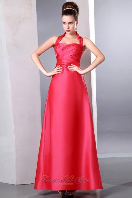 Coral Red Taffeta Ankle Length Halter Bridesmaid Dress