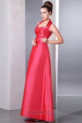 Coral Red Taffeta Ankle Length Halter Bridesmaid Dress