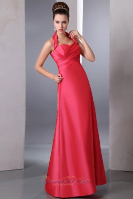 Coral Red Taffeta Ankle Length Halter Bridesmaid Dress